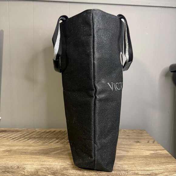 Victorias Secret Black Glitter Canvas Tote Bag With Logo & Striped Handles - Picture 4 of 9